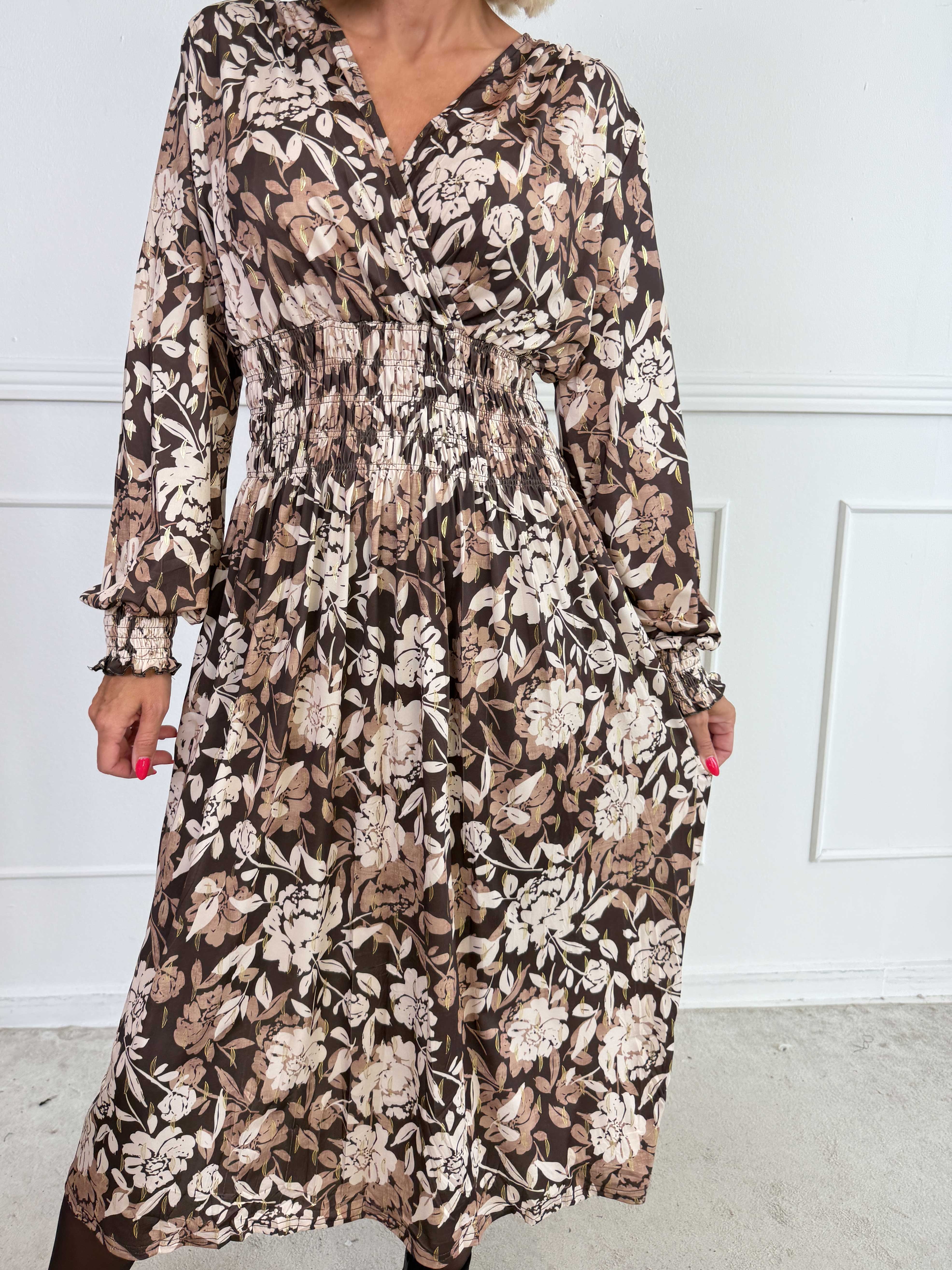 Pams Aroma Midi L/S - Elastisk kjole i blomsterprint med elegante gulddetaljer